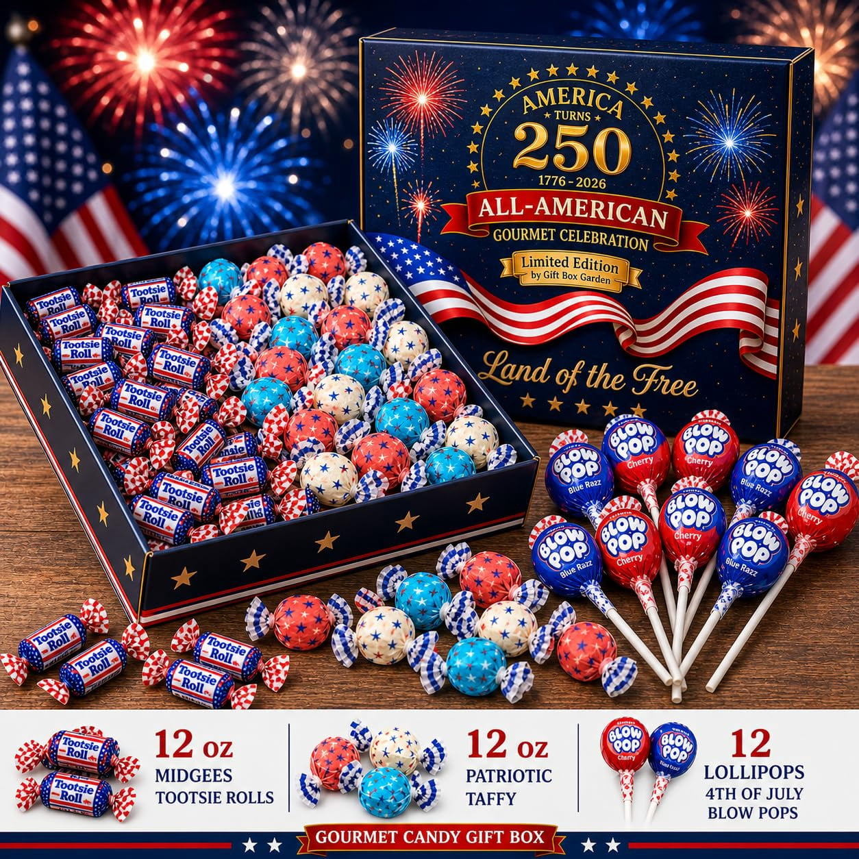 Gift Box Garden America 250th Patriotic Candy Variety Box, Red White & Blue Midgees Salt Water Taffy & Blow Pops Assorted Candy Gift Box, 32 oz
