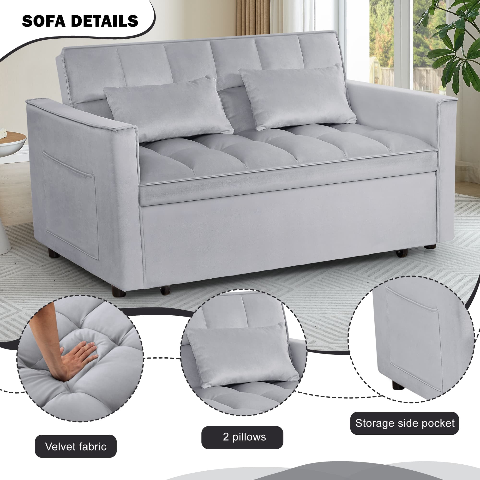 BSHTI 54" Fold out Sleeper Sofa Bed,Convertible Twin-Size Bed,With 3 Angles Adjustable Backres,Velvet Upholstery,Easy Assembly, Light Gray