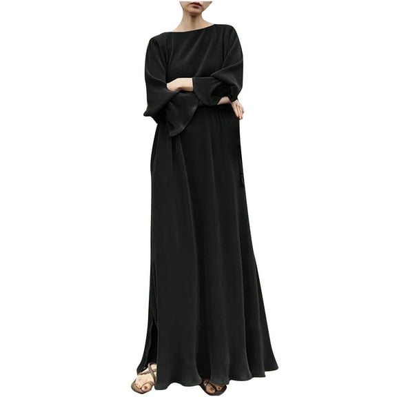 Odeerbi Dresses for Women 2025 Casual Maxi Dresses Long Sleeve Neck Belt Dress Dress Solid Robe Vintage Elegant Swing Kaftan Fashion Party Dresseses Black