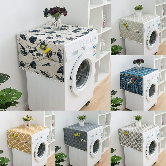 Neinkie Dust-Proof Refrigerator Cover Cotton Multi-Purpose Washing Machine Top Protector with Side Storage Bags Universal Cover Cloth for Home and Kitchen