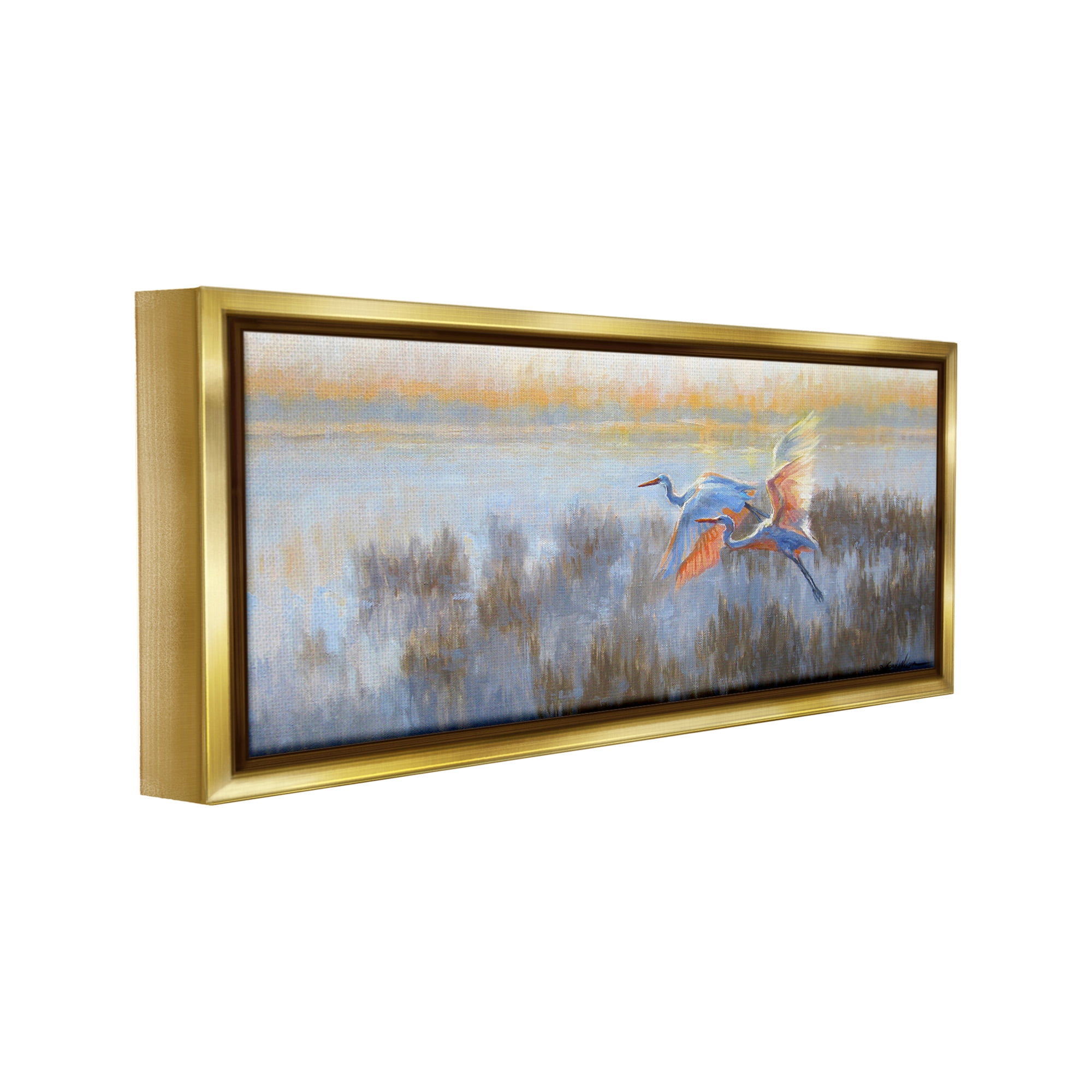 Stupell Industries Crane Birds over Lake Animals & Insects Painting Gold Floater Framed Canvas Art Print Wall Art, 25 x 11
