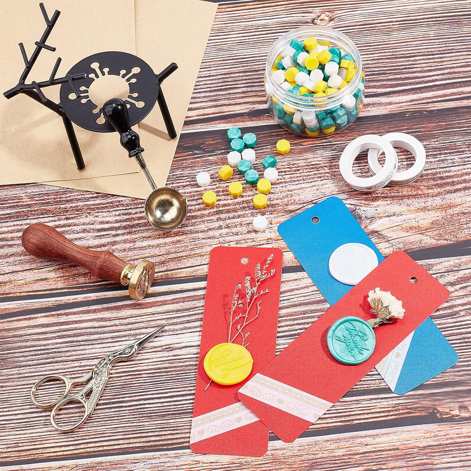 1 Set Wax Seal Kit Sealing Wax Furnace with 1pc Wax Spoon 210pcs Wax Seal Beads Thank You Wax Seal Stamp Adhesive Tapes & 50pcs Blank Kraft Paper Card Scissors Candle for Wedding Invitations
