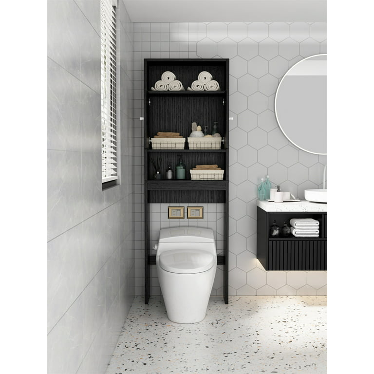Over The Toilet Storage Rack With 2 Open Shelves And Doors, Black