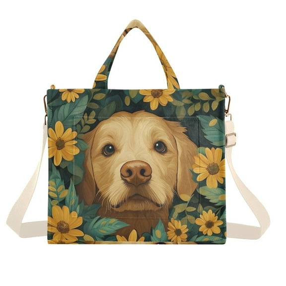 FORMRS Womens Corduroy Tote Bag Crossbody Shoulder Handbag with Pocket, Flowers and Dog