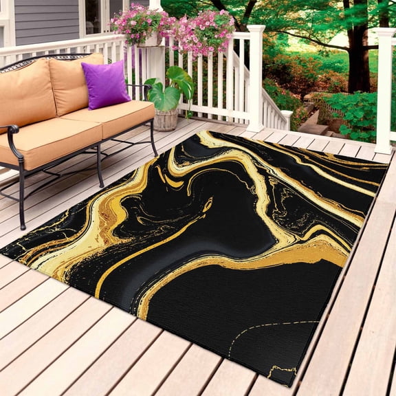 Black Gold Marble Outdoor Rug for Patio/Deck/Porch, Non-Slip Large Area Rug 6 x 9 Ft, Modern Geometric Textured Indoor Outdoor Rugs Washable Area Rugs, Reversible Camping Rug Carpet Runner