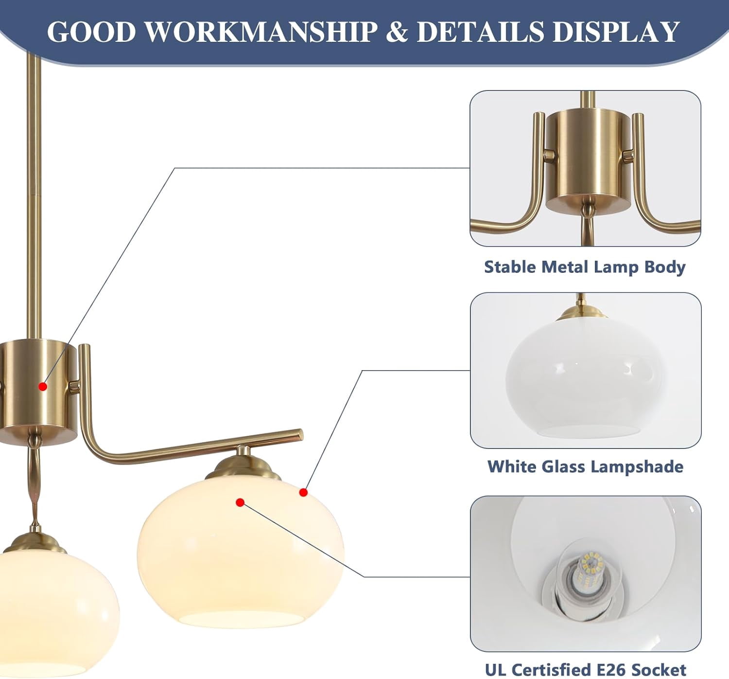 KCO Lighting Mid Century Modern Globe Pendant Light 3-Light Milk Glass Chandelier Gold Sputnik Chandelier Light Fixture Brushed Brass Pendant Lighting for Kitchen Island (3-Light)
