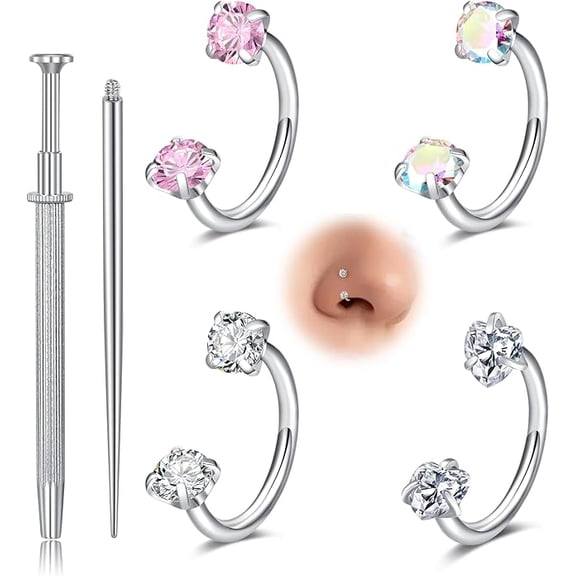 18g Horseshoe Nose Ring, Double Gem Steel Septum Ring, Silver Gold Hoop for Cartilage Helix Tragus Lip Labret Piercing Jewelry