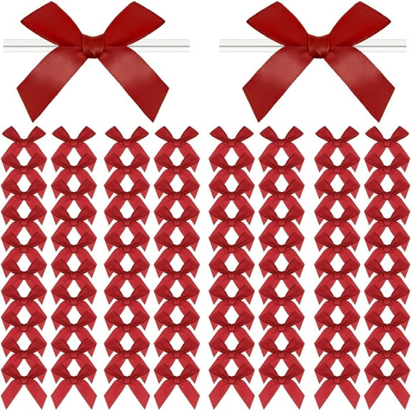 100 Pcs Red Satin Ribbon Twist Tie Bows,2.75'' Red Bows for Christmas,Pretied Bows Premade Craft Bows,Premade Gift Bows for Gift Bag,Advanced Red Satin Bows (Red)