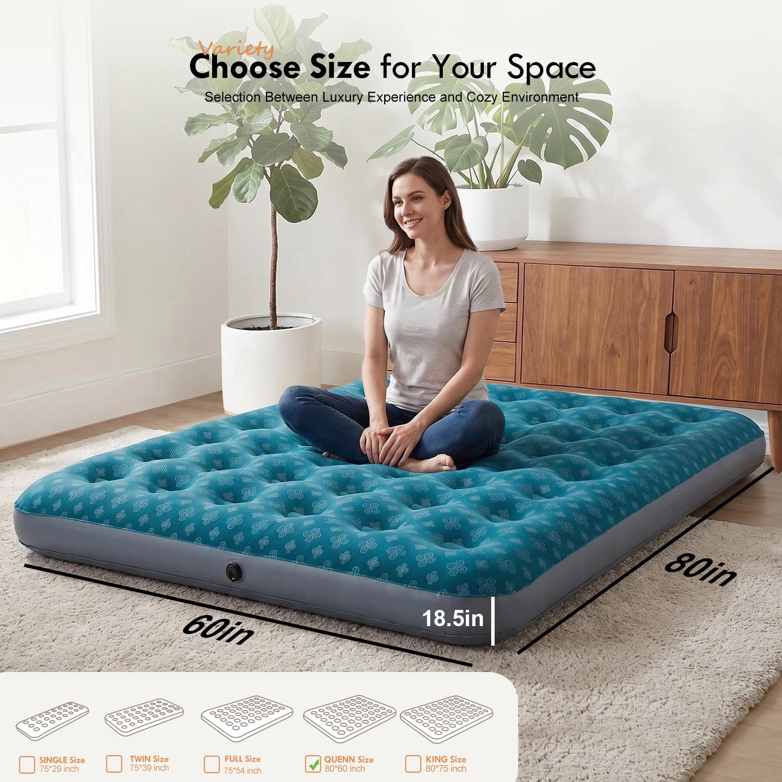 Honeydrill Queen Size Camping Air Mattress Patterned Airbed with Flocked Surface