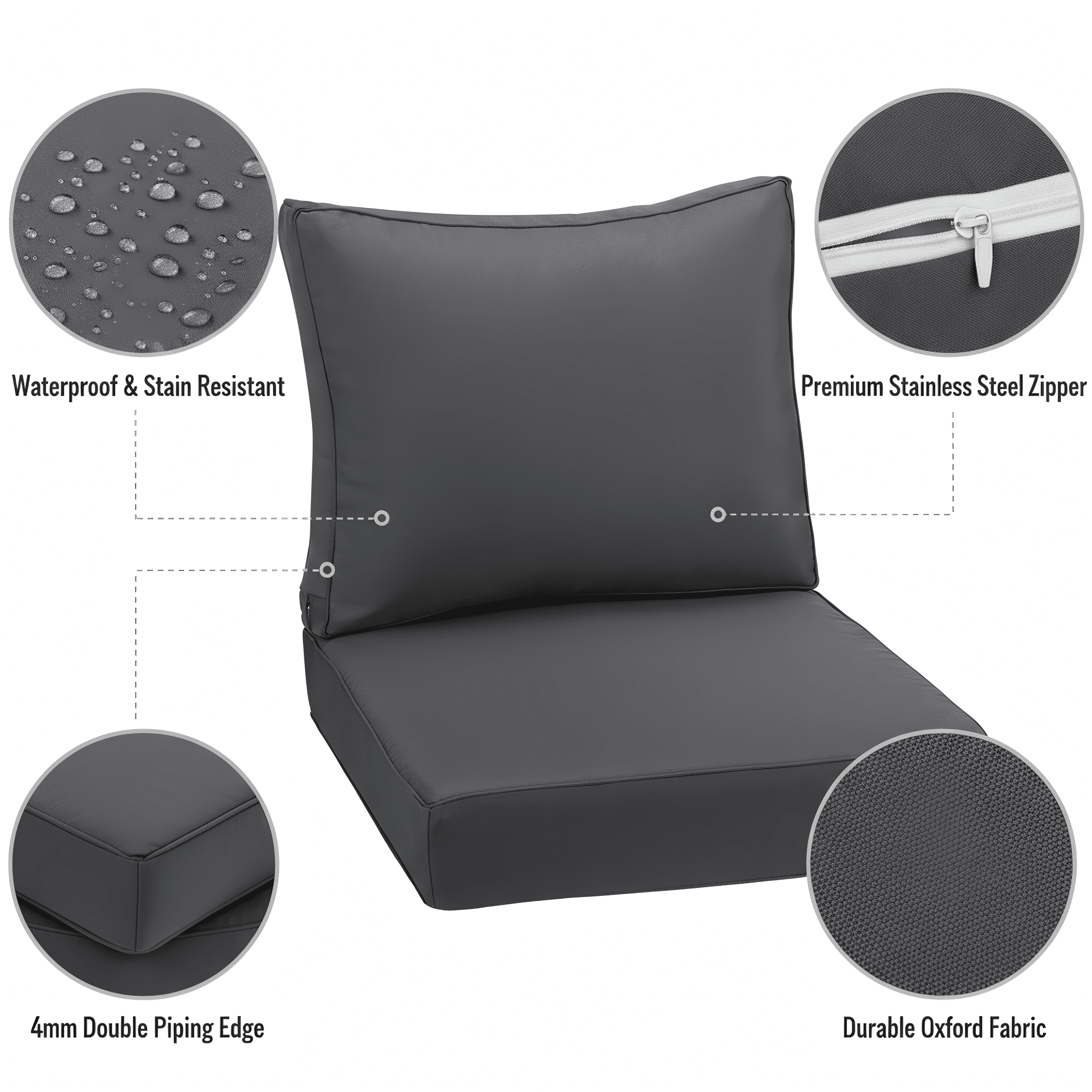 Naturoasis Outdoor Seat Cushion Set 24 x 24×4.7 Inch, Waterproof & Fade Resistant Seat and Back Cushion with Removable Cover,Thick Deep Seating Pads for Outside Chair Sofa Couch,Dark Grey