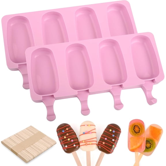 ZYHYPWW Silicone Popsicle Molds with Lids, 4-Cavity Ice Cream Molds, Includes 100 Wooden Sticks, Pink, for Homemade Frozen Treats, Summer Parties