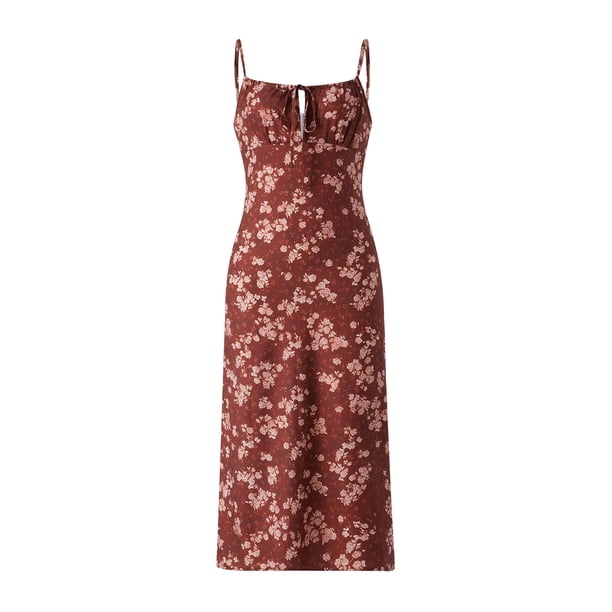 VISgogo - Vestido informal para mujer, estampado floral, sin mangas, cuello de tirantes, lazo en la parte inferior, vestido de playa con abertura alta VISgogo moda