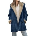 thumbnail image 2 of Women's Mid-Length Fleece Jacket, Plush Lined Hooded Coat, Unique Cone Button Design, Casual Winter Outerwear, Cold Weather Layer Navy XL, 2 of 7