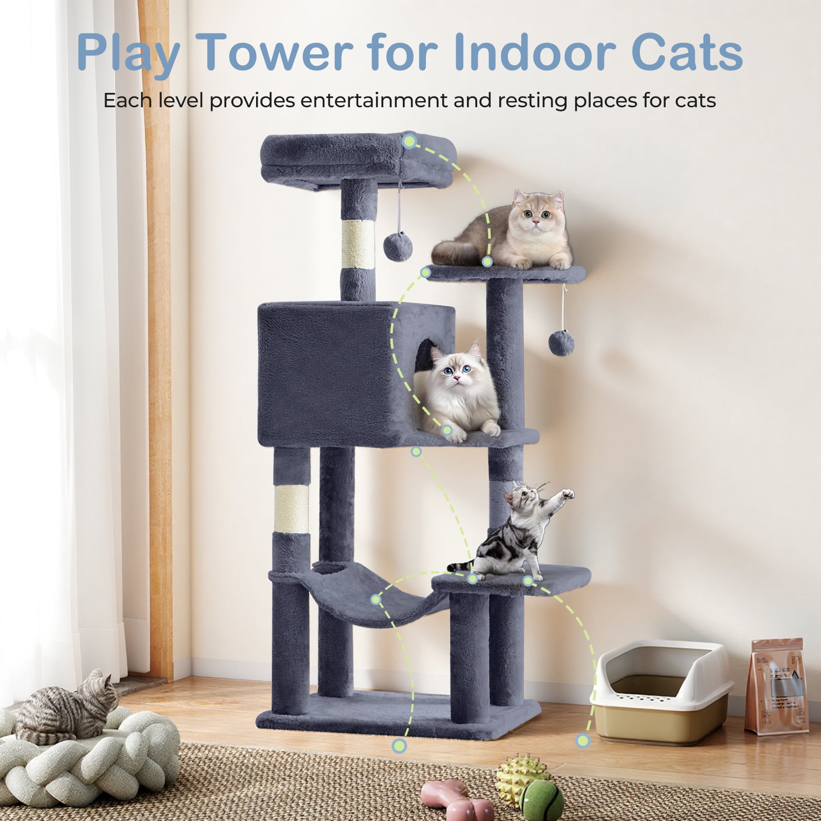 GIANNA 44-Inch Cat Tower with Large Condo, Climbing Ladder, and More Cat Stuff, Grey