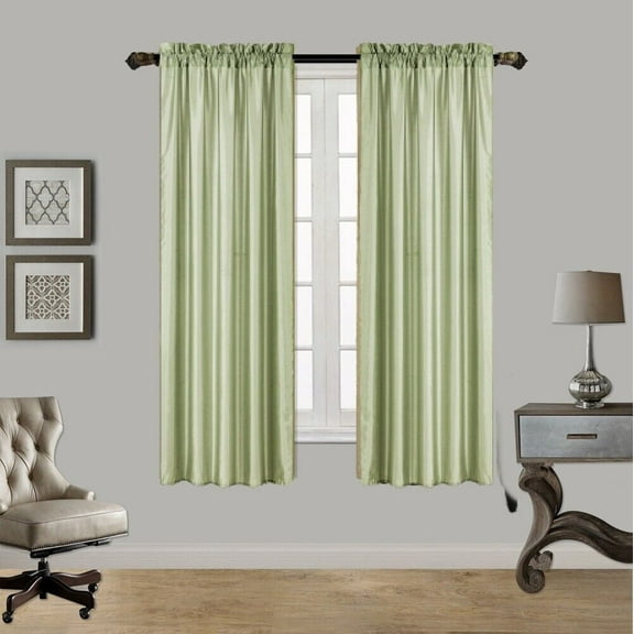 2PC MR2 SAGE GREEN SOLID SILK SEMI SHEER ROD POCKET WINDOW CURTAIN PANEL LIGHT FILTERING 55" W X 63" L EACH PC