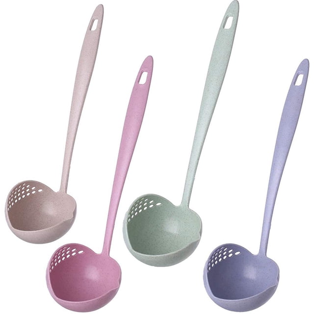 Cuchara de sopa de paja de trigo Cuchara 2 en 1 Cuchara de avena Cuchara de servir de cocina Colador de doble propósito Espumadera Cuchara ranurada Colador para sopa de queso, chile, salsa, aderezo para ensaladas 4PCS brillar Electrónica