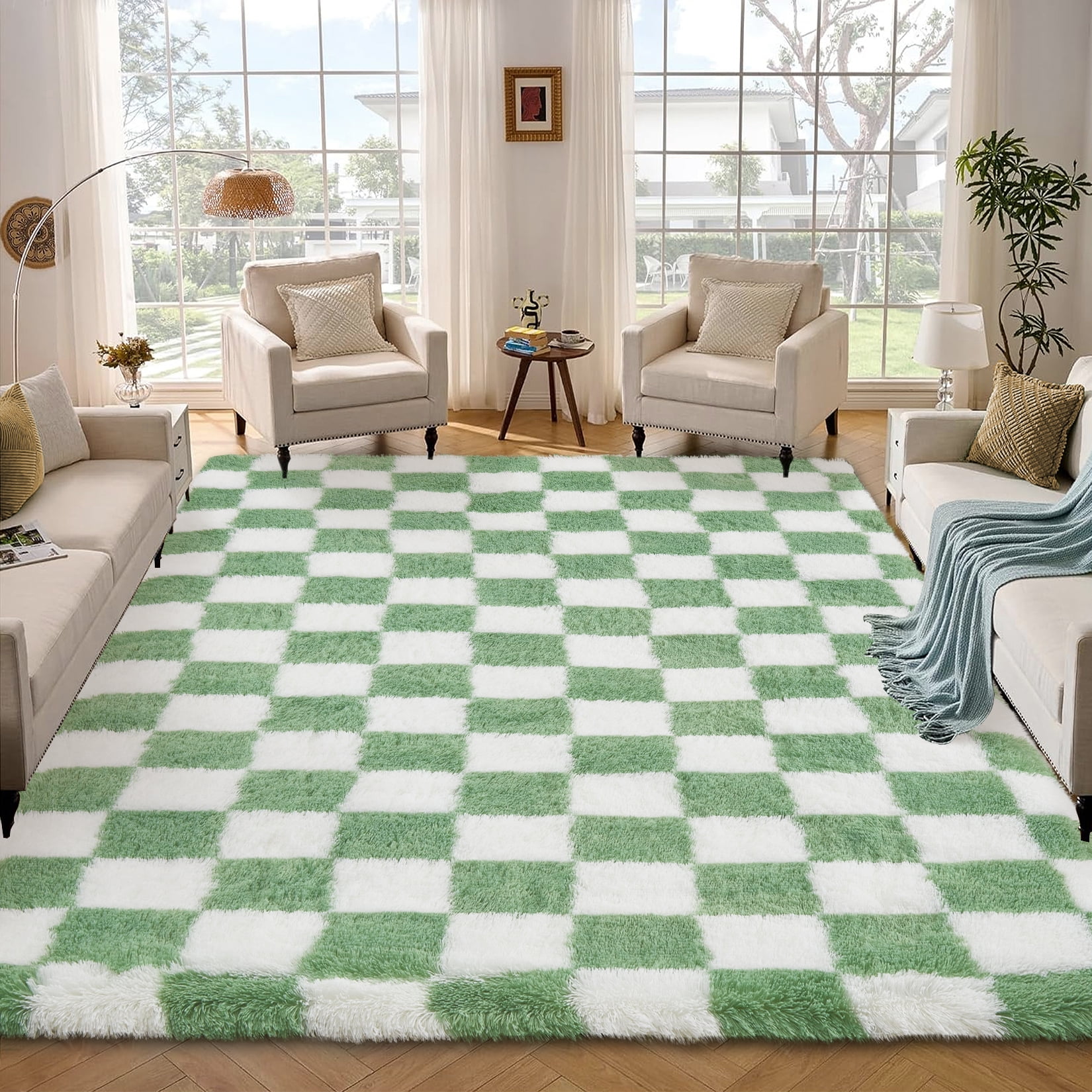 GlowSol 9x12 Green/White Checkered Shaggy Rug, Non-Slip High Pile Area Rug for Living Room Bedroom Nursery
