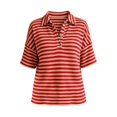 thumbnail image 4 of Short Sleeve Waffle Knit Shirt for Women Striped Polo Collar Top Loose Fit Button Neck Casual Preppy Vacation Summer, 4 of 6