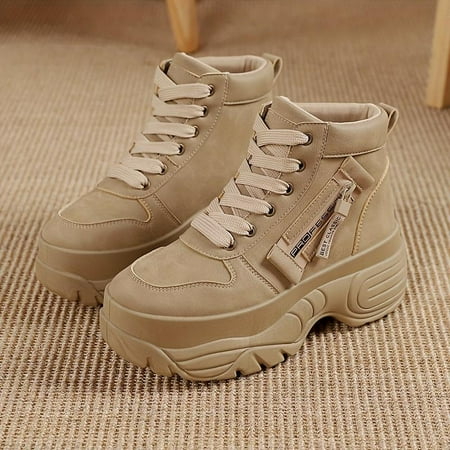 FLTHDD Women s High-Top Platform Equestrian Sport Boots - Fashionable Comfortable Chunky Sole Running Shoes with Plain Toe