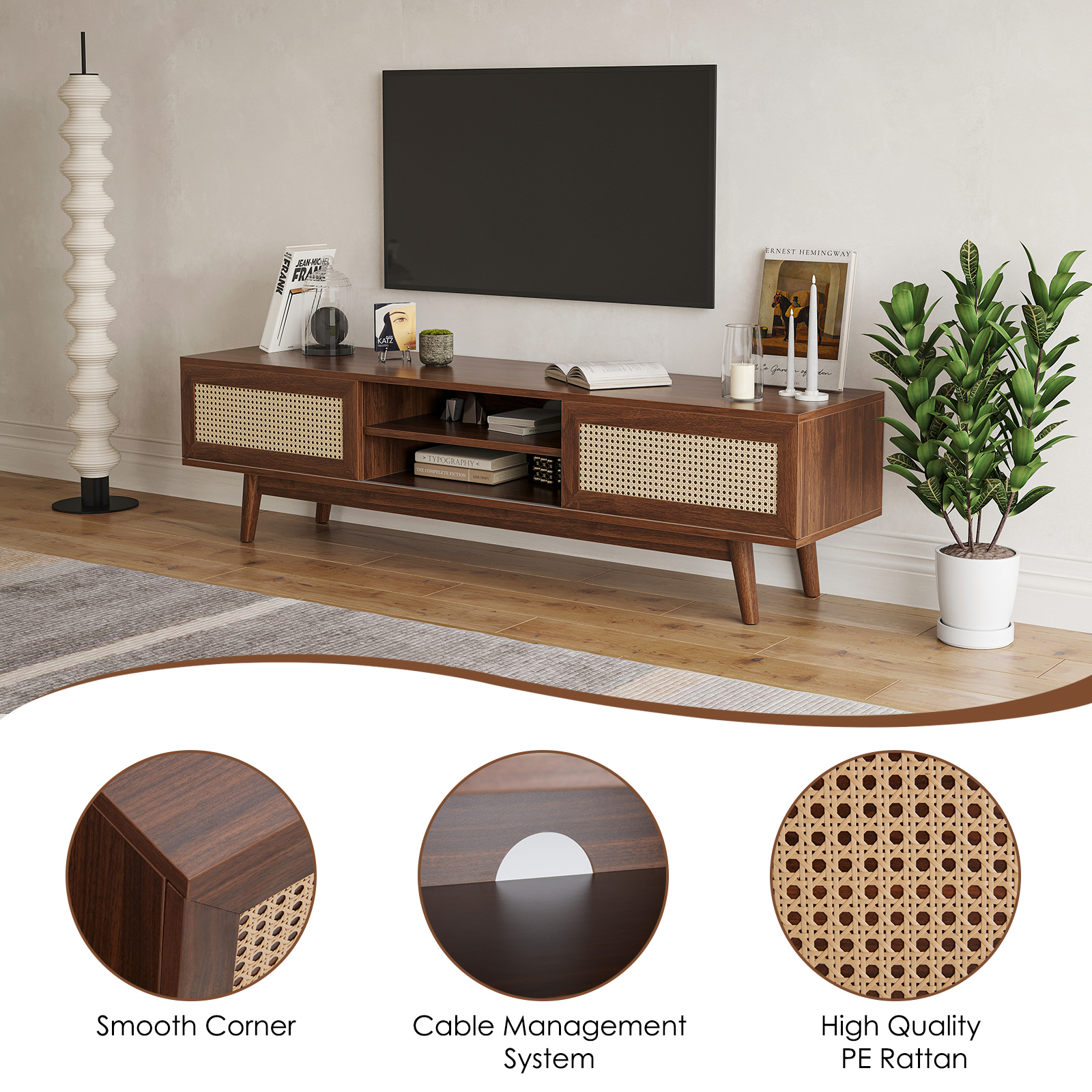 Hommoo Mid Century Modern Rattan TV Stand Up to 75", Wood TV Stand with Storage, Boho Media Console Entertainment Center for Home, Walnut