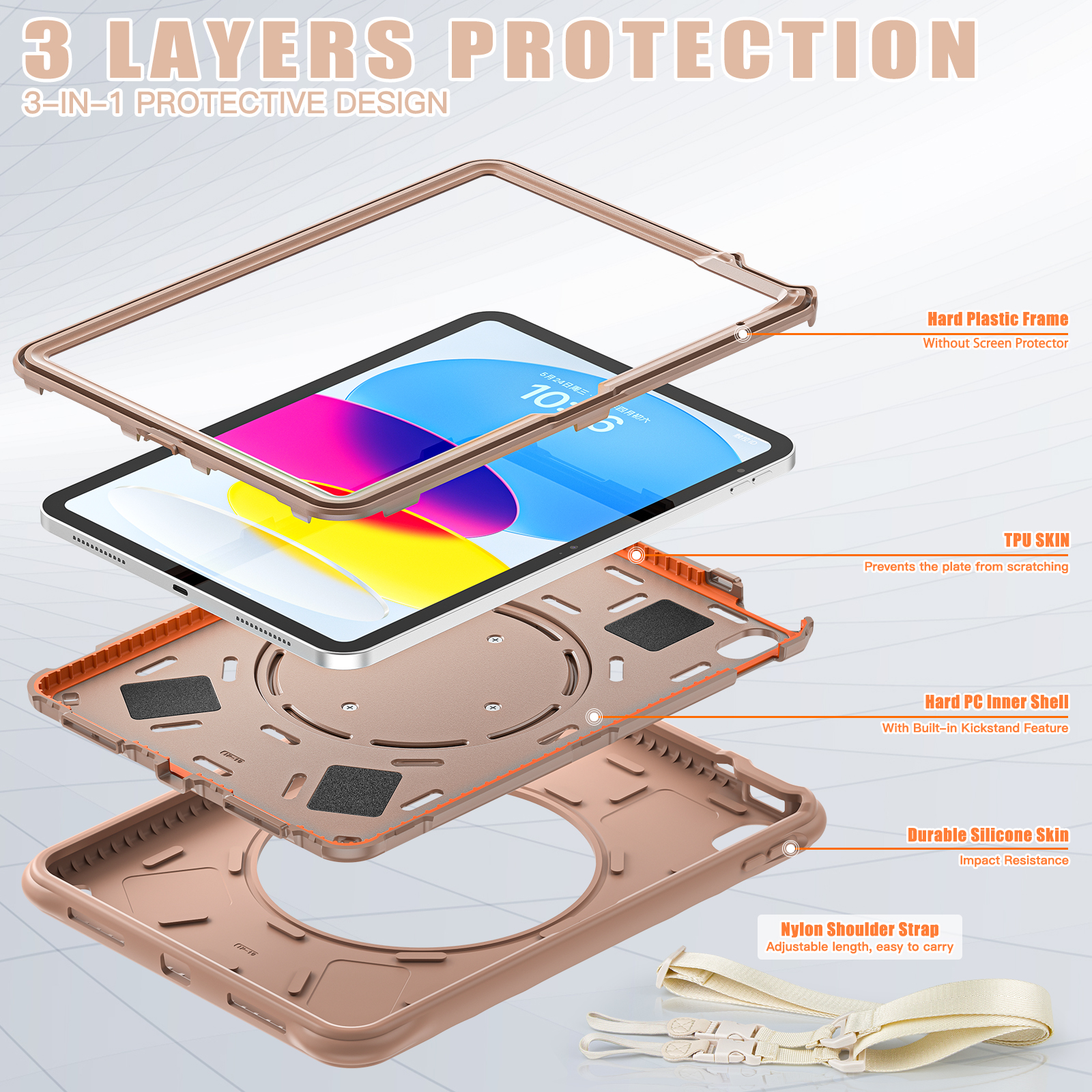 ELEHOLD Case for Apple iPad 10th Gen, Portable Hybrid Shockproof iPad Case with Pencil Holder & Hanging Ring Handle Rotatable Kickstand,Latte