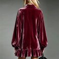 thumbnail image 3 of Morttic Women's Elegant Solid Color Short Dress – Collared Long Puff Sleeve Loose Ruffle Hem Spring Fall Going Out Dress Wine Red，XXXL, 3 of 4