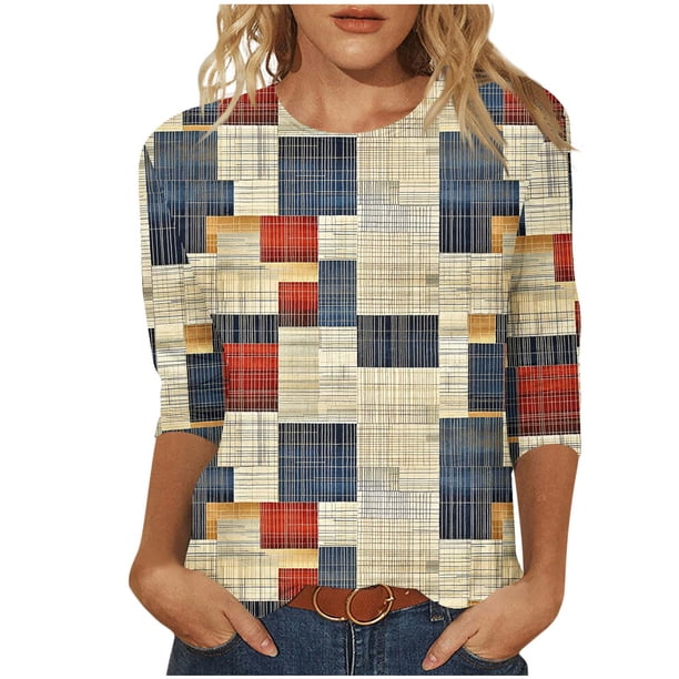 Mujeres 3/4 Manga Tops Y Blusas Impresas Cuello Redondo Suéter Casual Top de Moda para el Hogar Y el Uso Diario