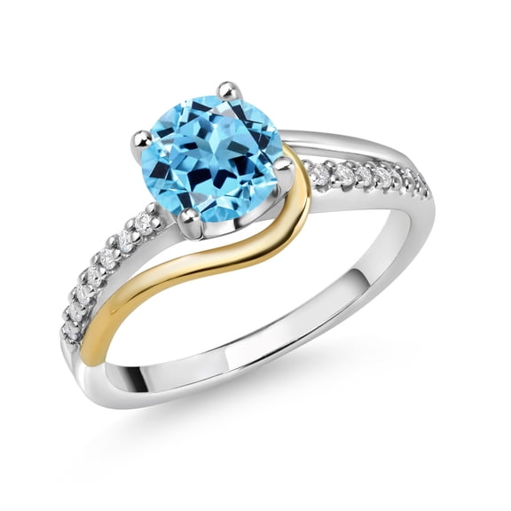 Gem Stone King 925 Sterling Silver and 10K Yellow Gold Round Swiss Blue Topaz and White Moissanite Engagement Ring for Women (1.76 Cttw, Round 7MM, Size 9)