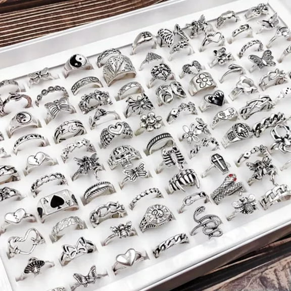 HOOUN 100Pcs/Lot Hip Hop Vintage Wholesale Heart Flower Skull Ring Jewelry Party Gift-100Pcs