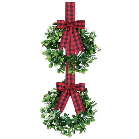 Decorative Leaf Stacked Wreaths With Plaid Bows Set Of 2