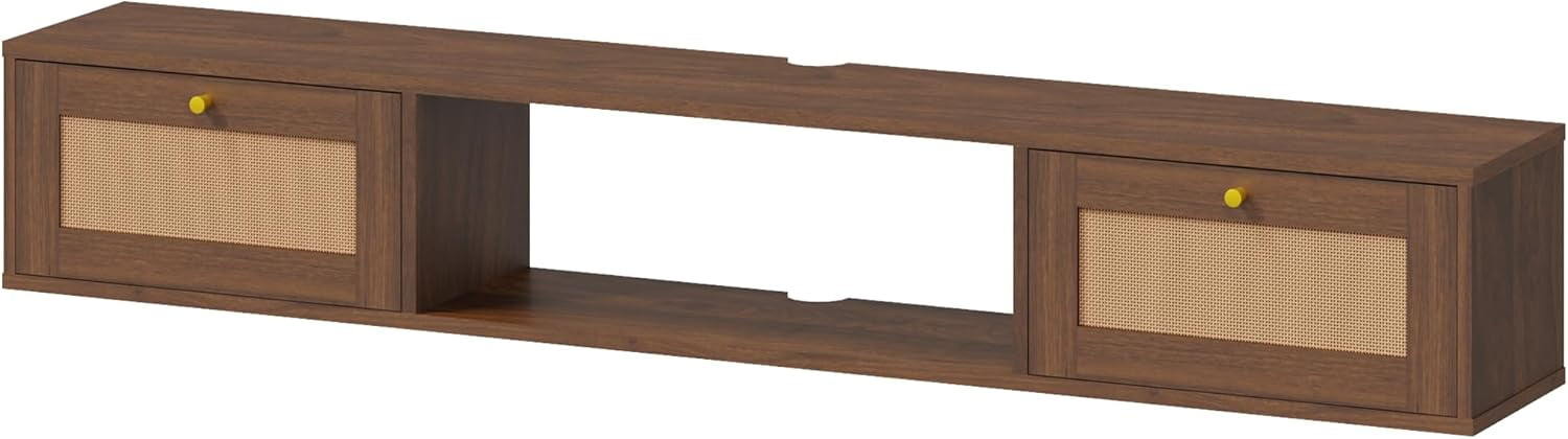 MELLCOM Modern Rattan Floating TV Stand, Entertainment Center for Under TV Storage, Wall-Mounted Floating Stand for TVs, 57 inch, Caramel Oak