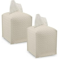 Tissue Box Cover PU Leather Tissue Holder Square Facial Tissue Case Facial Paper Organizer Dispenser for Bathroom, Vanity Countertop, Tabletop, Car. Durable, Easy Refill, Woven Design (Beige 2 Pack)