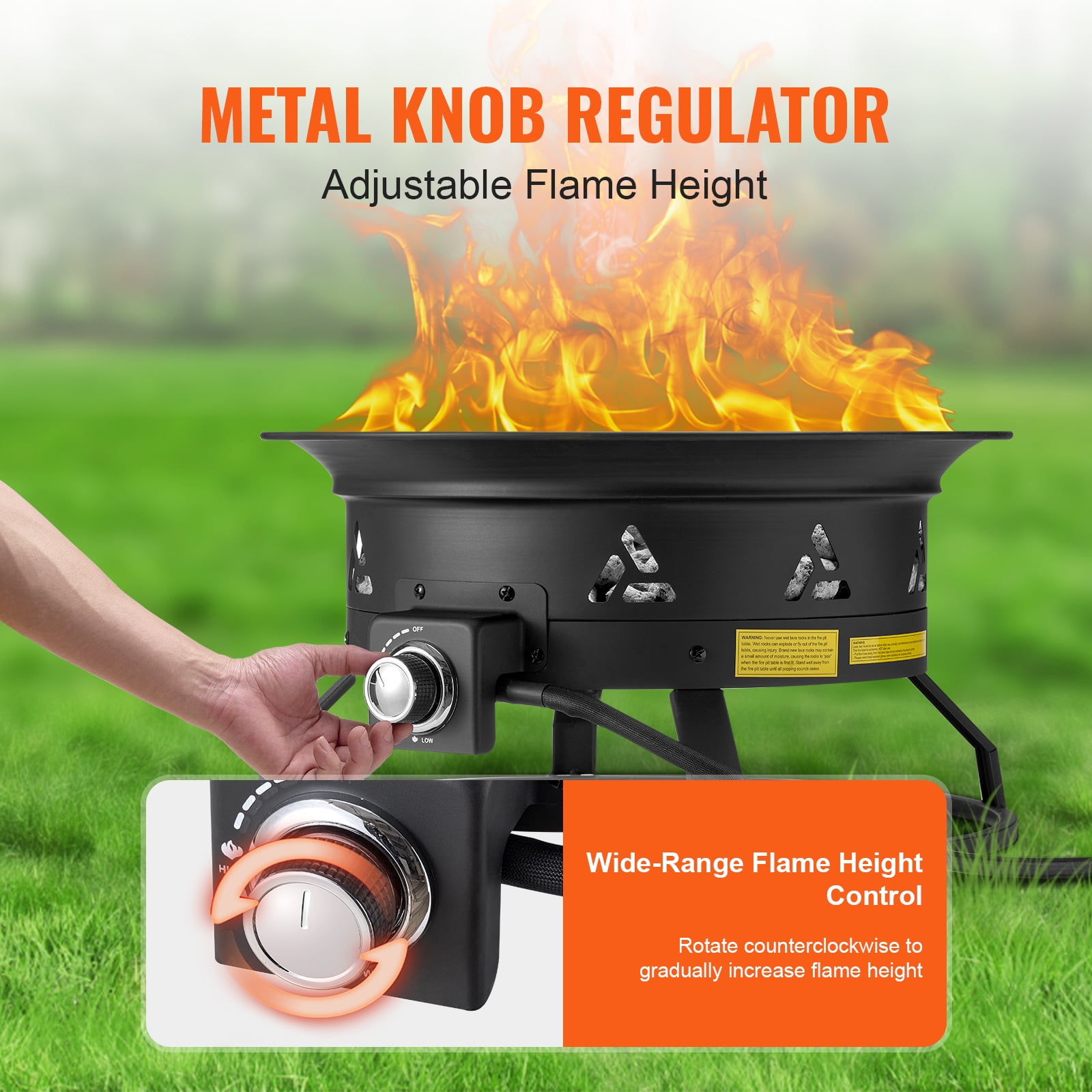 KFFKFF Gas Fire Pit, 24-Inch Round Outdoor Portable Propane Fire Pit with Protective Cover & Lava Stones, Modifiable Flame Intensity, Ideal for Warming, Illumination, Social Events,58,000 BTU,Black