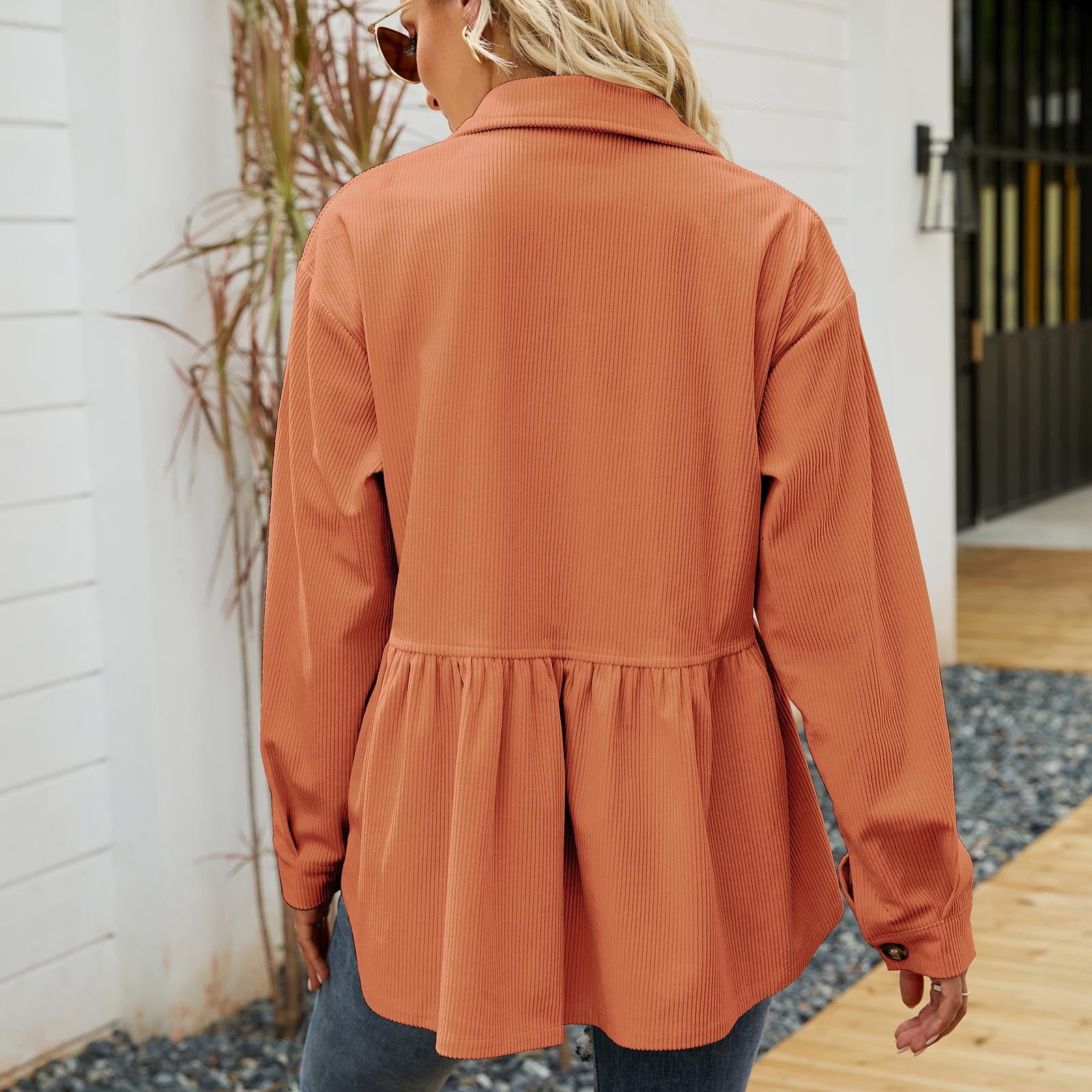 XFLWAM Women's Long Sleeve Corduroy Peplum Tunic, Button