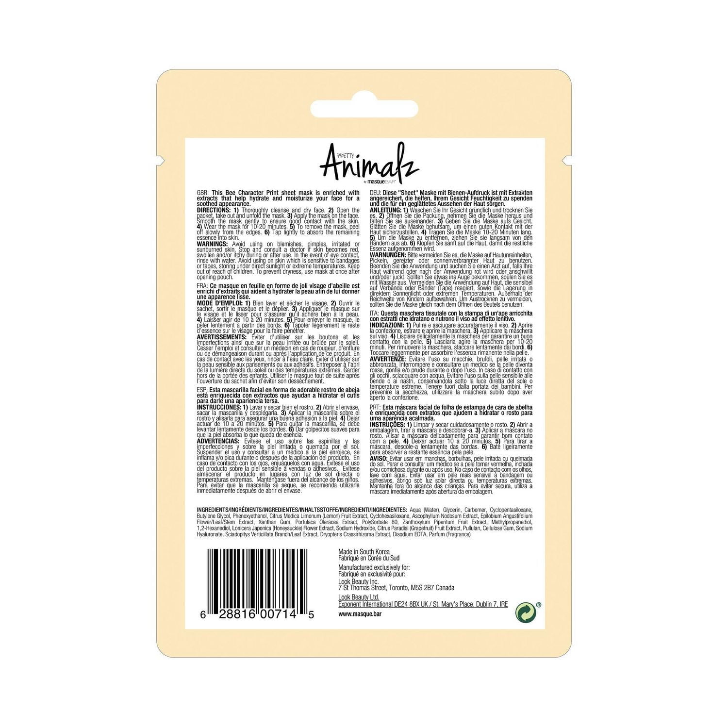 Pretty Animalz Masque en Feuille Abeille