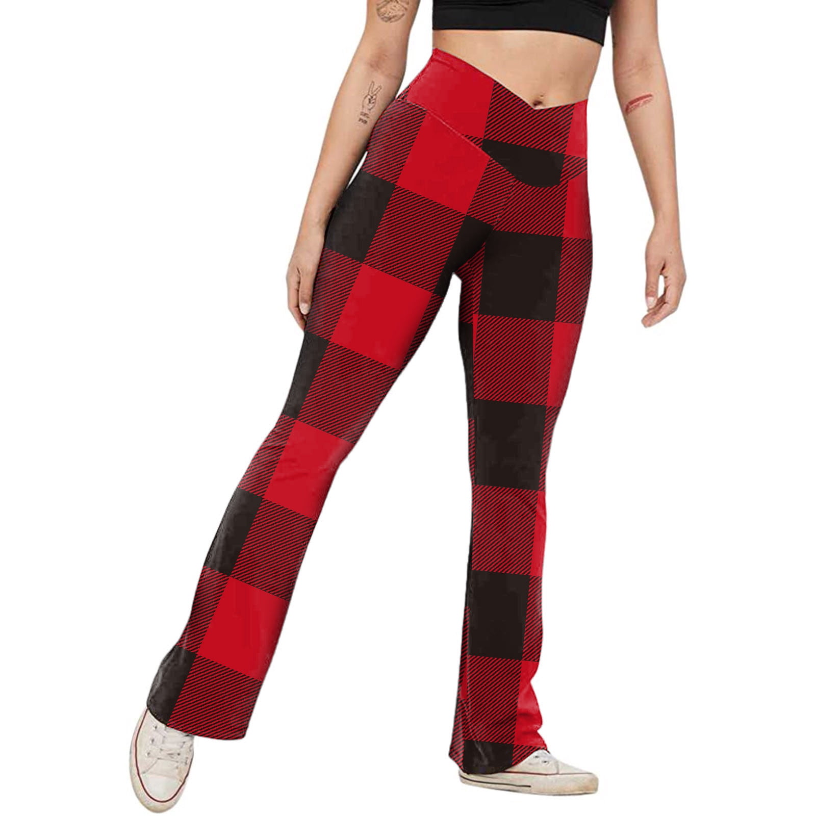 Fashion Women Plaid Printed Yoga Pants 