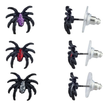 Lux Accessories Silver Tone Black Tarantula Spider Shaped Stud Earrings Set of 3