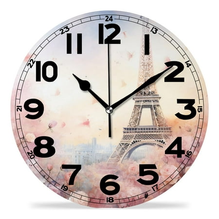 erolrail Rustic Wall Clock,Silent Non Ticking Wall Clocks for Living Room,Bedroom,Kitchen 12IN Eiffel Tower Pink Rose Street Exquisite