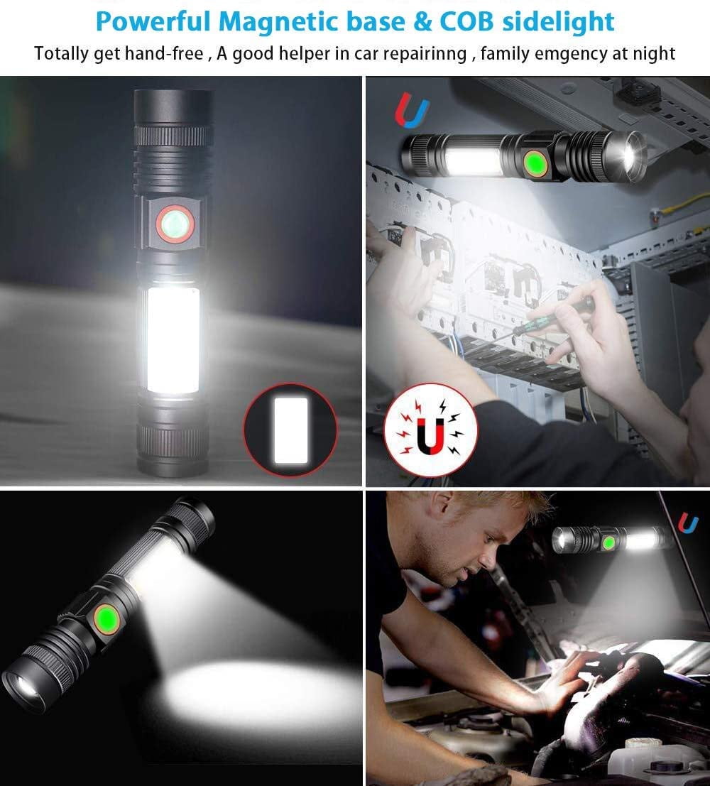 Flashlight USB Rechargeable, Magnetic LED Flashlight, Super Bright LED Tactical Flashlight with Cob Sidelight, 2000LM, Waterproof, Zoomable Best Small LED Flashlight for Camping, Emergency Flashlight