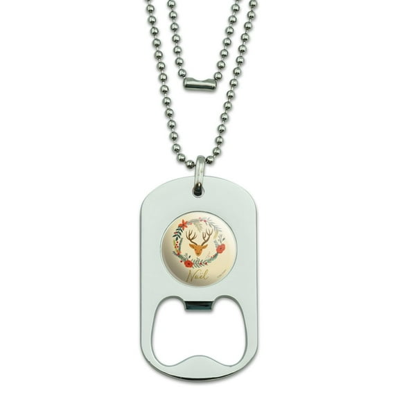 Christmas Noel Deer in Wreath Military Dog Tag Bottle Opener Pendant