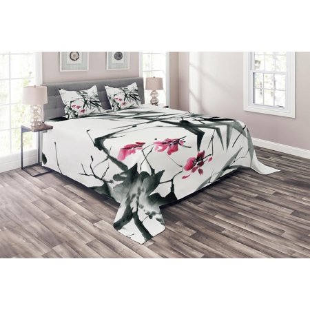 Japanese Coverlet Set Natural Sacred Bamboo Stems Cherry Blossom