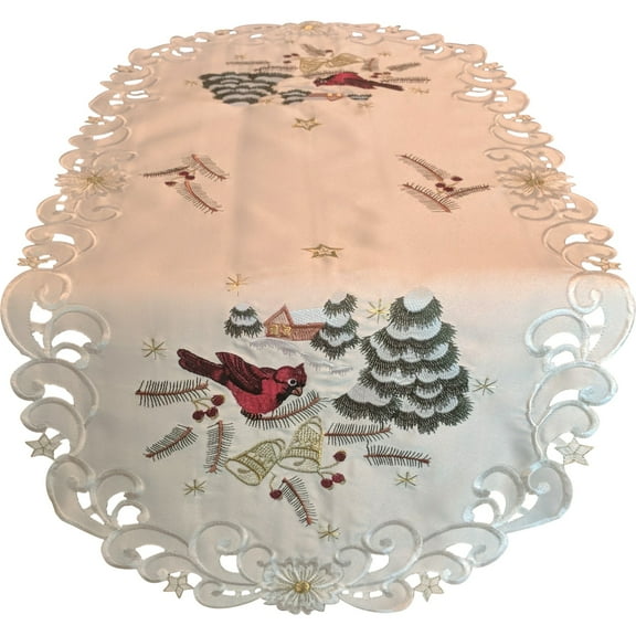 Doily Boutique Christmas Table Runner Embroidered with Red Cardinals on Antique Fabric, Size 48 x 15 inches