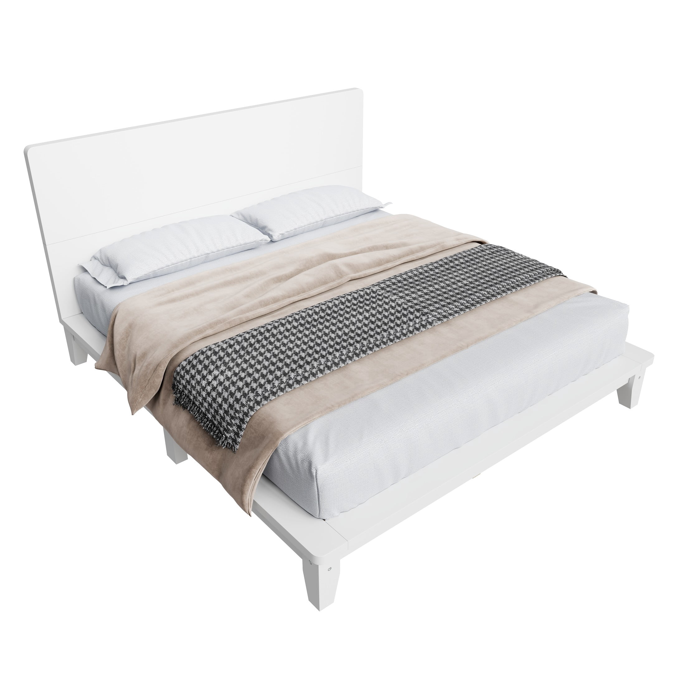 Noble House Hazel Queen Size Pine Wood Platform Bed Frame with Legs and Headboard, Mid-Century Modern Design, White