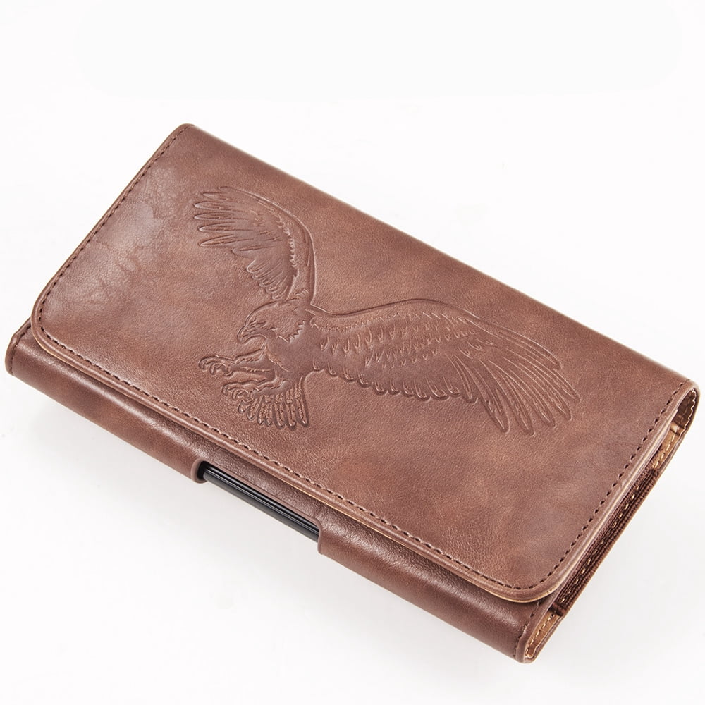 6.5-inch Horizontal Brown PU Leather Cell Phone Holster Universal Fit with Belt Clip, Embossed Eagle Design