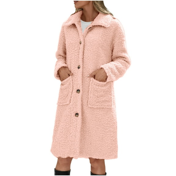 TFEOQRY Women's Winter Polar Fleece Padded Coats Long Sleeved Lapel Warm Fleece Coat Solid Color Button Mid Length Top Coat with Pocket Pink