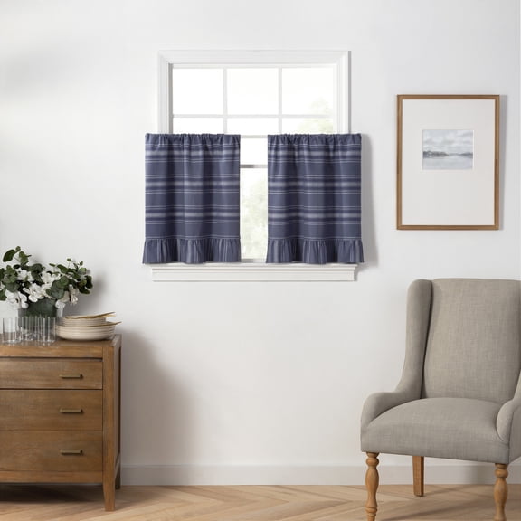 Martha Stewart Ruffle Stripe Tier Set Poseidon Blue, Pole Top, Light Filtering, Indoor, Adult, 2 Piece Set, 30" x 24"