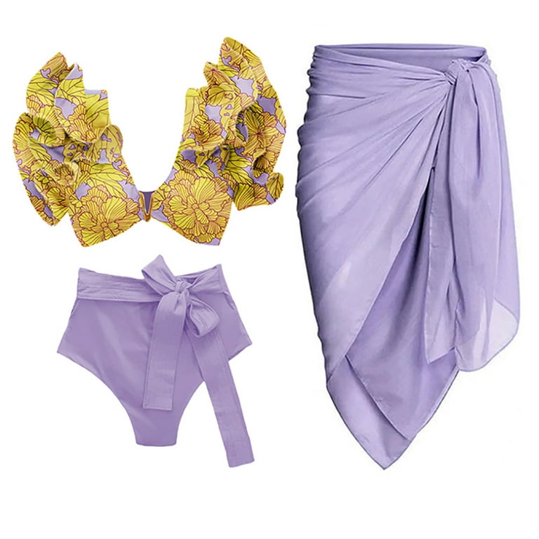 Gzea Tankini Bathing Suits for Women 2 Piece Swimwear+1 Piece Cover UP Two  Piece Vintage Print Swimsuit Monokini Bikini 3 Piece Swimsuits Tankini Set  Purple,S