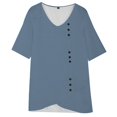 thumbnail image 4 of Yubnlvae Blue Women's Spring Summer V Neck Tie Button Imitation Linen Breathable Loose Front Split Five Quarter Sleeve Top, S, 4 of 5
