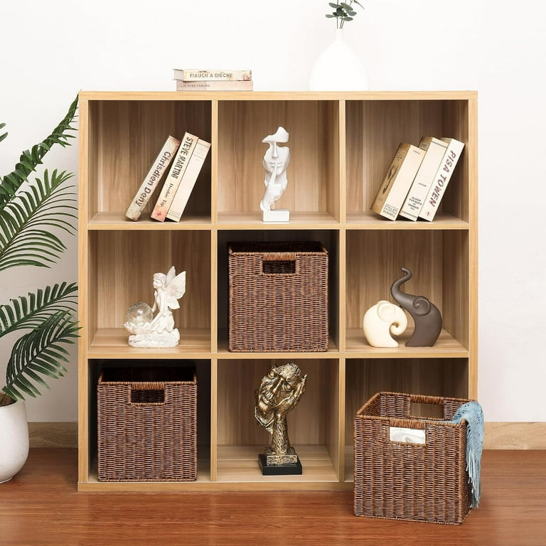 11X11X11in Brown Plastic Wicker Storage Basket, Foldable Cube
