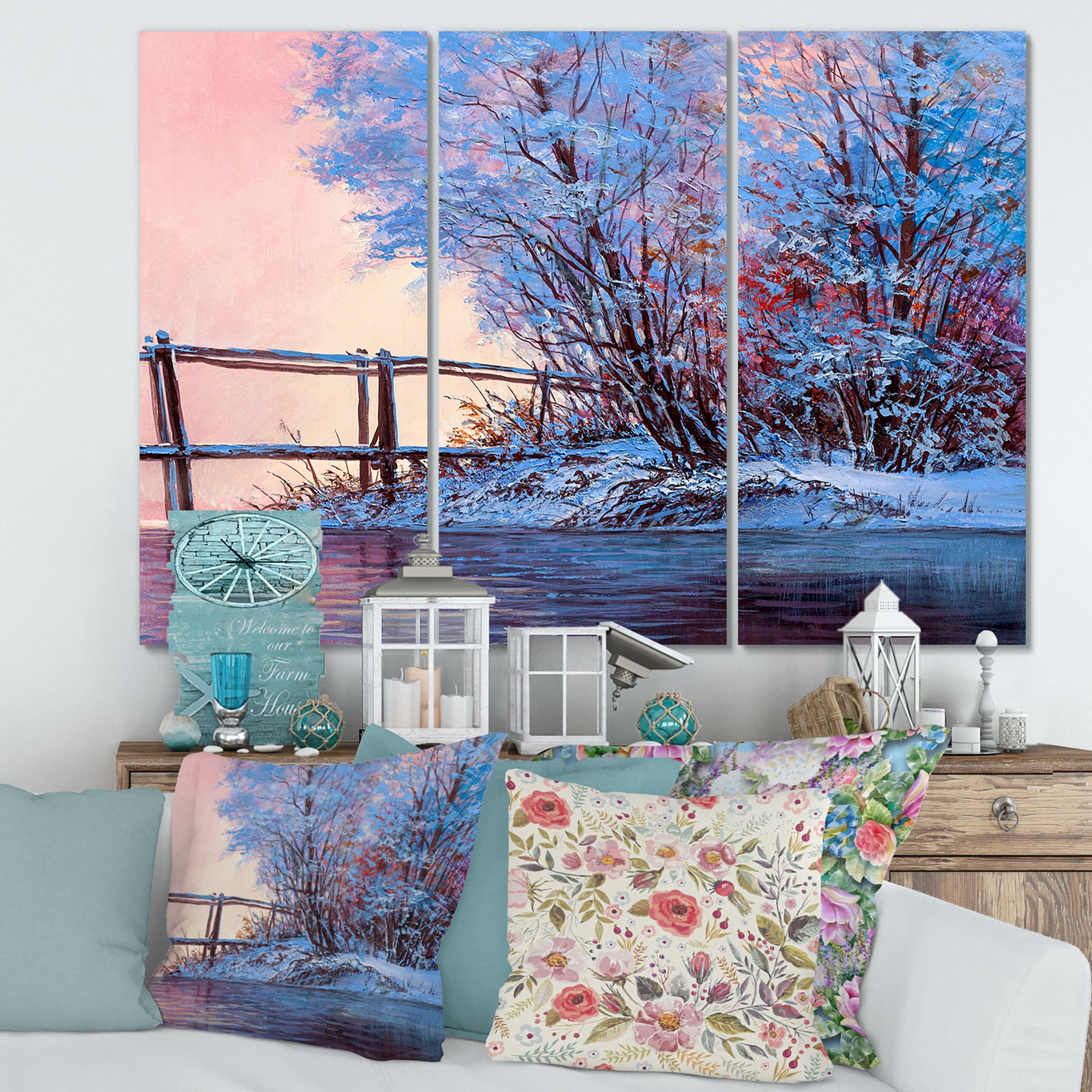 Designart ' Bridge Of Meandering River With Winter Scenery I ' Lake House Canvas Wall Art Print